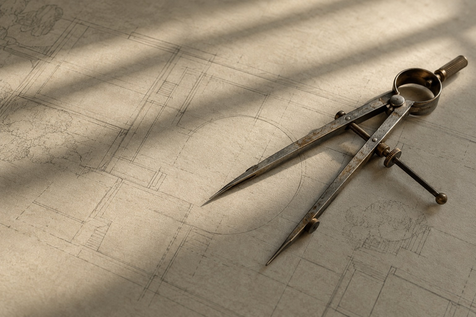 Drafting tools and architectural sketches in soft natural light