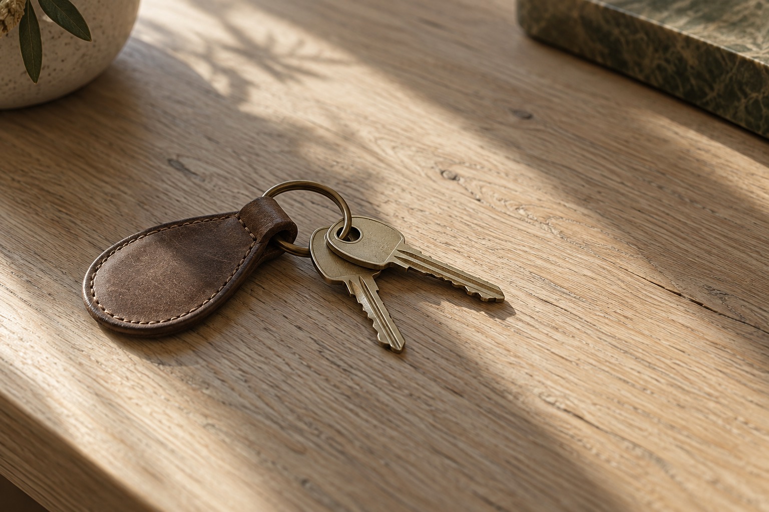 Property keys resting on a wooden desk in soft natural light